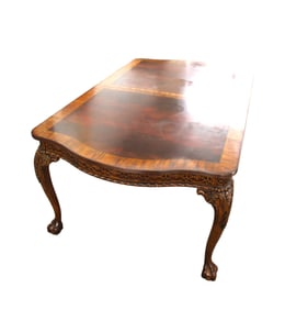 Burl mahogany dining table, carved skirt, ball & claw, (2) 18" skirted leaves