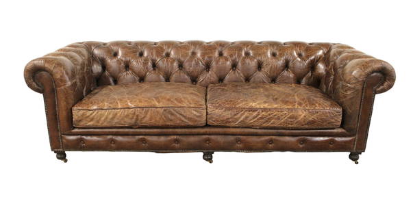 Leather Sofa, Restoration Hardware Kensington, even arm vintage cigar color, like new: Restoration Hardware Kensington like new even arm leather sofa in the vintage cigar color, chesterfield style button tuft, structurally sound and in good condition, no issues seen, 96"l x 36"d x 31"h