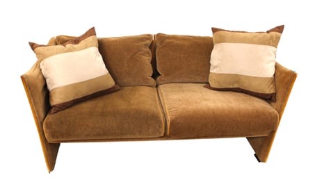 MCM design love seat, walnut frame trim, original mohair style upholstery, 2 cushion