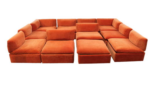 11pc. MCM Vintage Modular Sofa Set, removable backs, make up your own setting, desirable orange: 11 piece vintage Mid Century Modern modular sofa, structurally sound and in good condition, removable backs, with original desirable orange upholstery, cube style to make up your own setting! 11 secti