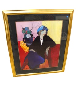 Signed print art of woman on chair in wood frame