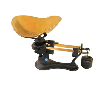 Antique cast iron beam scale,  weights, tray