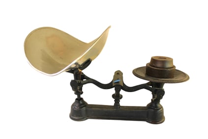 Antique cast iron scale, tray and weights