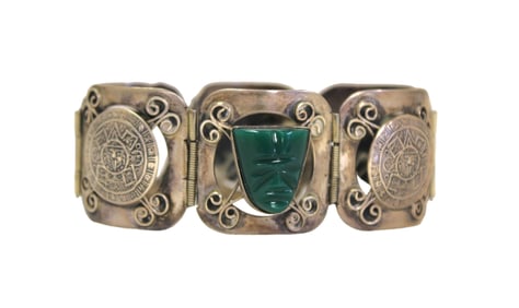 Vintage ca1940s Aztec MX Green Onyx and sterling bracelet, approx. 6 1/2"