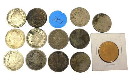 13 US V-Nickels, various dates (coins)