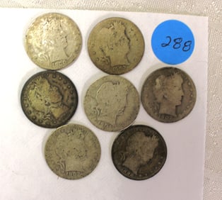 7 US Barber Quarters, various dates and various conditions (coins)