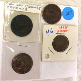 4 US coins: rare 1868 two cent piece & 3 large cents 1855 1851 and 13 star 1818