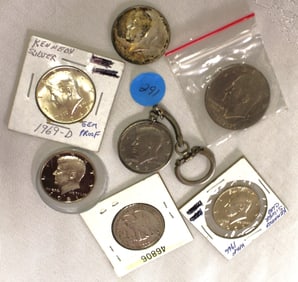 7 US coins: 1942 silver walking liberty half, 5 Kennedy half $1 dollars, bicentennial Eisenhower $1