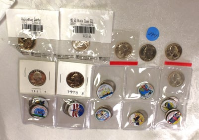 28 US Quarters: 20 painted state quarters, 1 proof quarter, 1 uncirculated quarter and others