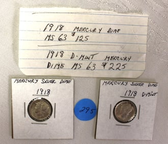 2 1918 silver mercury dimes (coins)