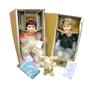 2 Hamilton Heritage Lindsey and Sara porcelain dolls, like new in original boxes