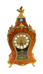 Beautiful exotic walnut French style mantle clock with applied bronze, key and pendulum