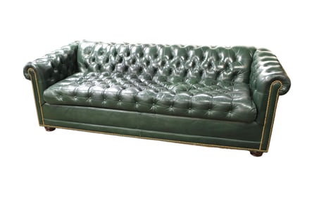 Vintage Hancock & Moore leather even arm sofa, chesterfield button tuft style,  desirable green