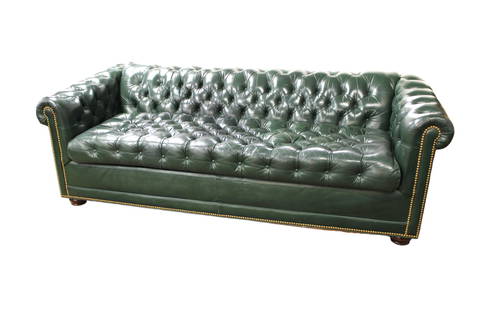 Vintage Hancock & Moore leather even arm sofa, chesterfield button tuft style,  desirable green: Nice Vintage Hancock and Moore leather even arm sofa in the chesterfield button tuft style in desirable green, does have sleeper, structurally sound and in good condition, one button has popped on cus