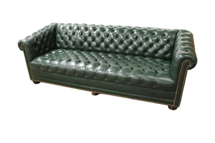 Vintage Hancock & Moore leather even arm sofa, chesterfield button tuft style,  desirable green
