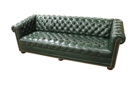 Vintage Hancock & Moore leather even arm sofa, chesterfield button tuft style, desirable green: Nice Vintage Hancock and Moore leather even arm sofa in the chesterfield button tuft style in desirable green, structurally sound and in good condition, one button has popped on back but it is still a