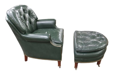 Hancock & Moore Vintage Leather Club chair & half moon ottoman, 2 piece