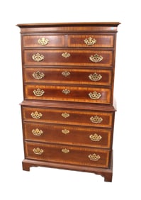 Drexel 18th Century Collection high chest, banded mahogany,  7 drawers