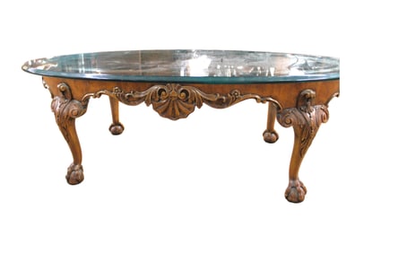 Chippendale style oval coffee table, burl walnut, ball & claw, glass top
