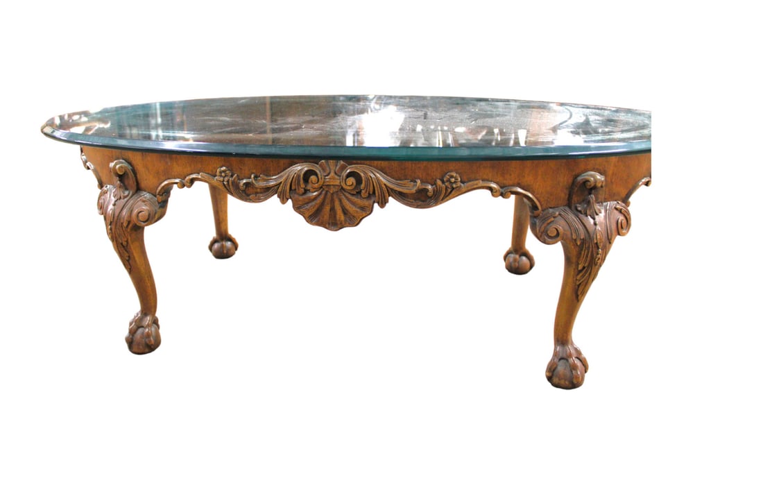 Chippendale style oval coffee table, burl walnut, ball & claw, glass top (1 of 6)