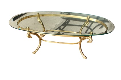 Vintage Italian swan head oval coffee table, attr. LaBarge, brass/glass,
