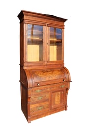 Antique burl walnut Victorian cylinder roll desk,  2 piece