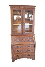 Antique highly carved  oak secretary bookcase, 2 piece