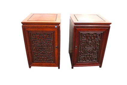 Match pair right & left solid Asian rosewood side tables