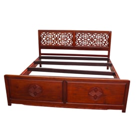 Asian solid rosewood pierce carved queen size bed with rails