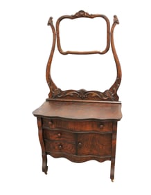 Antique carved oak washstand with towel bar, beveled mirror, serpentine front, original finish, nice