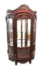 Fancy solid mahogany highly carved curved glass display cabinet