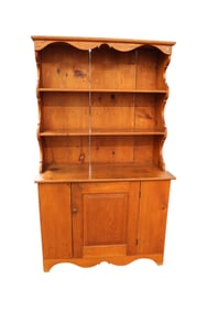 Antique country pewter cupboard, knotty pine & other woods, scalloped sides