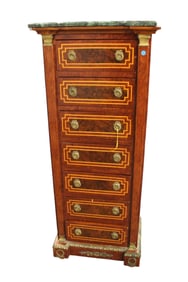 French style marble top lingerie style chest in the burled walnut and inlay, applied bronze