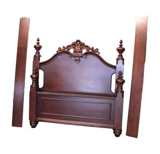 Beautiful Reserve Collection Grand West mahogany finish carved queen size bed with rails: Beautiful Reserve Collection Grand West mahogany finish carved queen size bed with rails, structurally sound and in good condition, original finish, 66"w x 65"h x 92"l