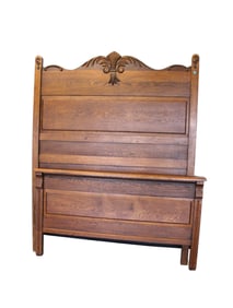 Antique oak full size bed with applied carving and rails