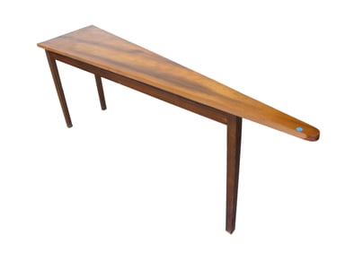 Mid Century Modern walnut triangle shape sofa console table in the manner of Harvey Probber