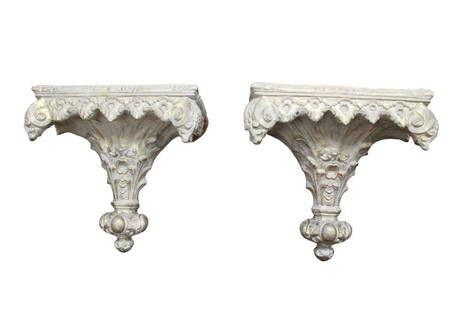 Pair ornate wall shelves in the manner of Maitland Smith: Pair of ornate wall shelves in the antique gold and grey finish in the manner of Maitland Smith, composition, 19"w x 9"d x 17"h