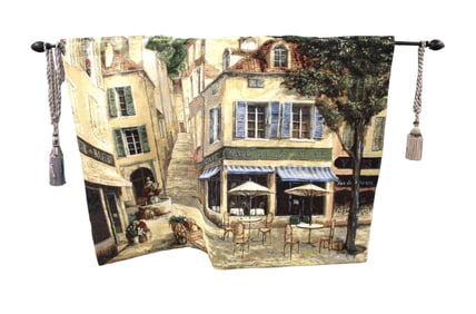 Decorative wall tapestry of French Cafe signed F.de Villeneuve 69"w x 48"l