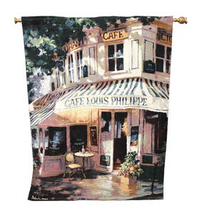 Large French decorative wall tapestry signed Bolurparis 58"w x 72"l: Large French decorative wall tapestry signed Bolurparis with hanging display rod, one end of rod is broke see photos, tapestry 58"w x 72"l