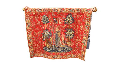 French wall tapestry with hanging display rod and hanging tassels,  46"w x 36"h: French wall tapestry with hanging display rod and hanging tassels, no noticeable issues seen, 46"w x 36"h