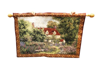 French wall tapestry with hanging display rod and hanging tassels,  52"w x 37"h
