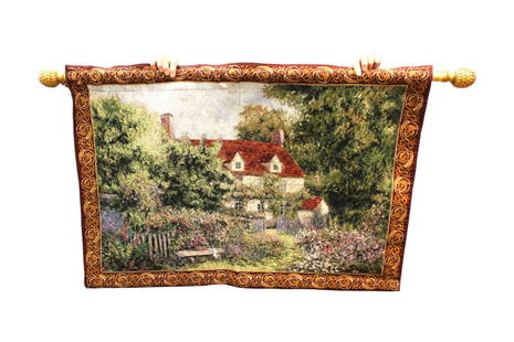 French wall tapestry with hanging display rod and hanging tassels,  52"w x 37"h: French wall tapestry with hanging display rod and hanging tassels, no noticeable issues seen, 52"w x 37"h