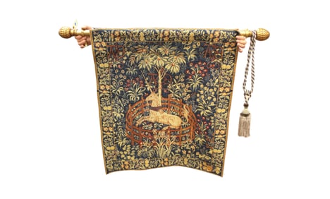 French signed needlepoint wall tapestry of unicorn 33"w x 38"h