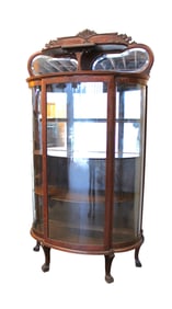 Antique curved glass oak china cabinet, quartersawn, original