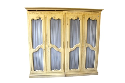 Vintage 3 part country French paint decorated linen cabinet with key