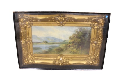 Antique oil on canvas in heavily carved frame in shadow box 35"w x 24"h and shadow box is 3 1/2"d