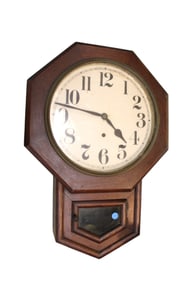 Antique oak case regulator clock with pendulum and key, original finish, running unknow, 17"w x 24"h