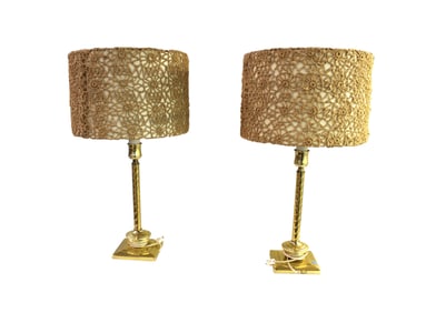 Pair of brass stick lamps with vintage macrame shades, shades 16" diameter, lamp 28"h