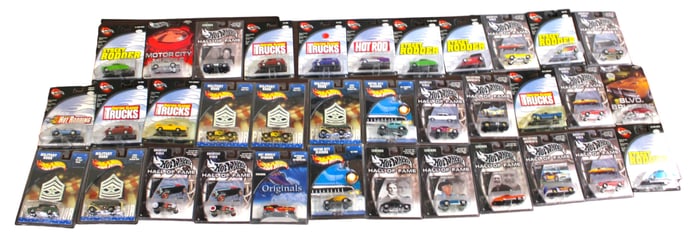 35 Hot Wheels mixed series, Custom Trucks, Blvd., Military Rods, and others, (unopened)