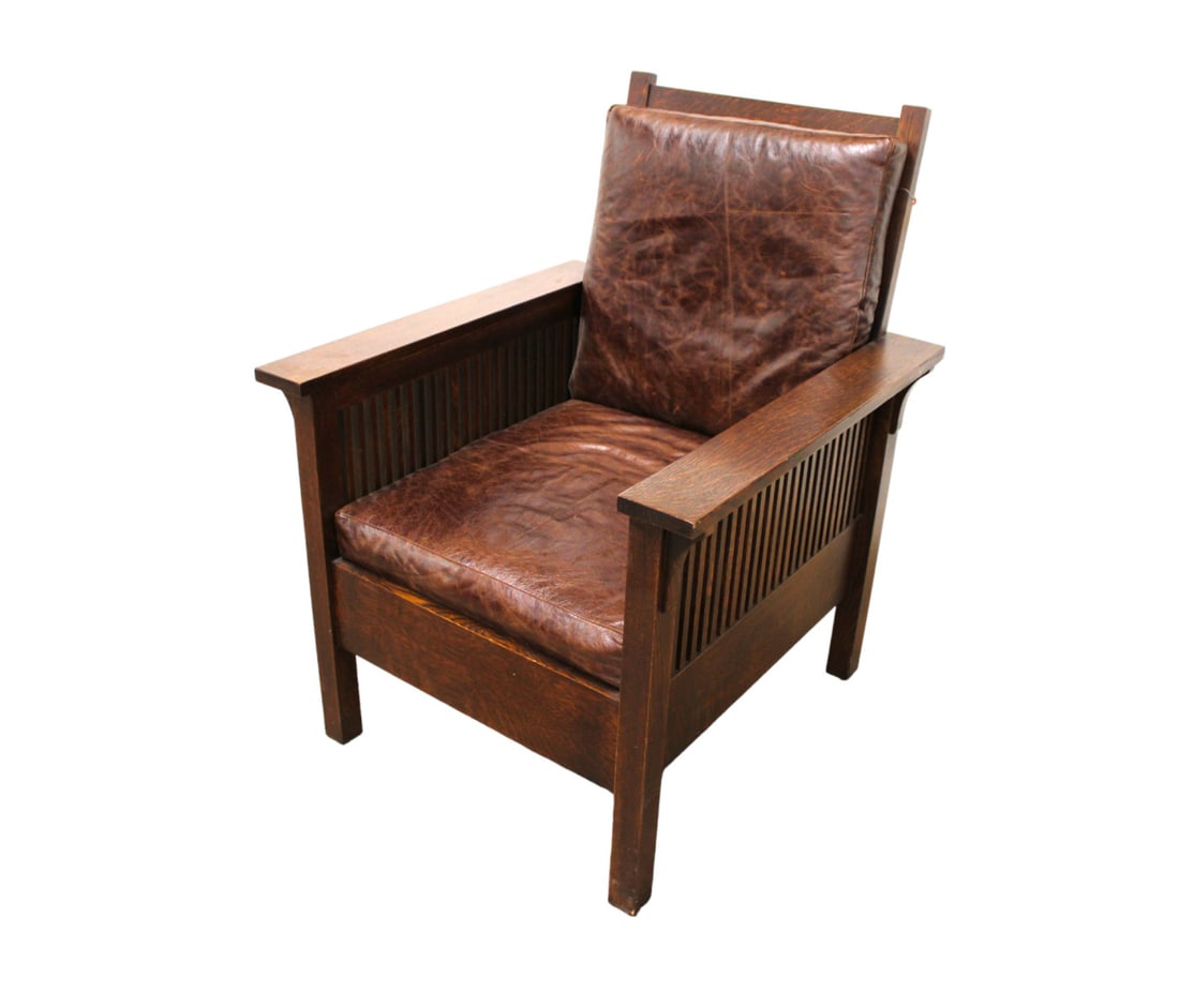 Stickley mission oak slatted and leather chair (1 of 7)